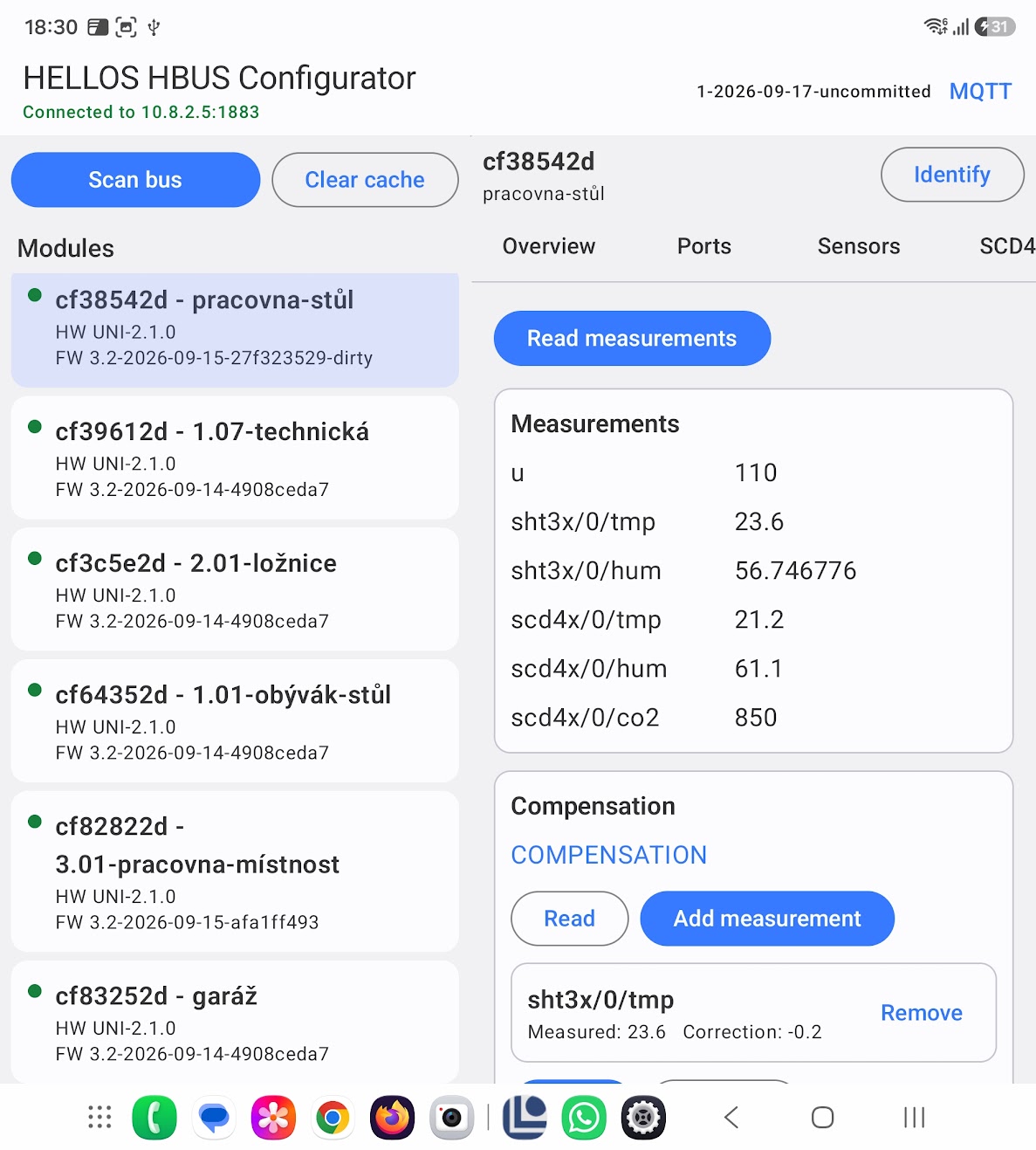 Android aplikace HELLOS HBUS Configurator: seznam připojených modulů, měření teploty, vlhkosti a CO₂ a nastavení kompenzace